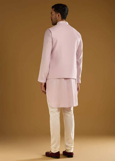 Light Purple Kurta Jacket Set For Men With Resham Work