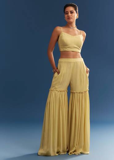 Light Yellow Embroidered Kaftan Sharara Set In Organza