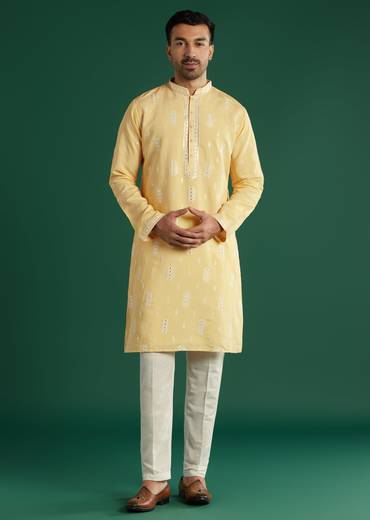 Light Yellow Silk Kurta Set For Men With Mirror And Resham Embroidery
