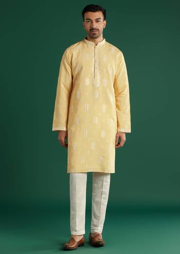 Light Yellow Silk Kurta Set For Men With Mirror And Resham Embroidery