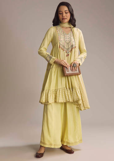 Light Yellow Silk Printed Palazzo Suit With Resham Work