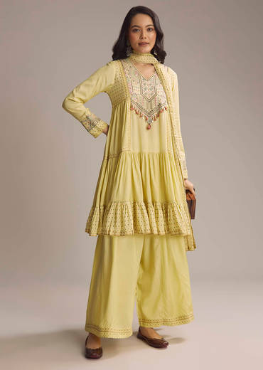 Light Yellow Silk Printed Palazzo Suit With Resham Work