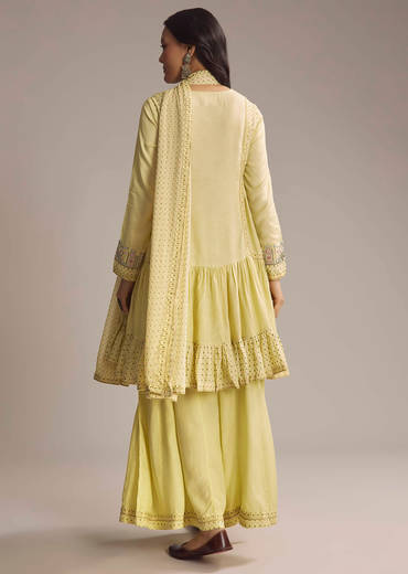 Light Yellow Silk Printed Palazzo Suit With Resham Work