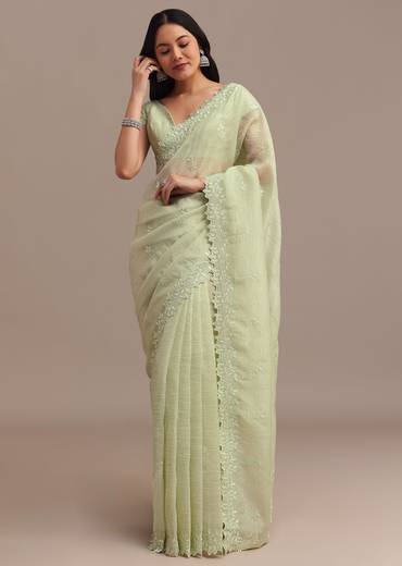 Light Green Crushed Tissue Saree With Resham Embroidered Border
