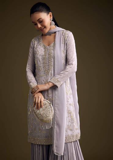 Lilac Chinon Sharara Suit With Cutdana And Sequins Embroidery
