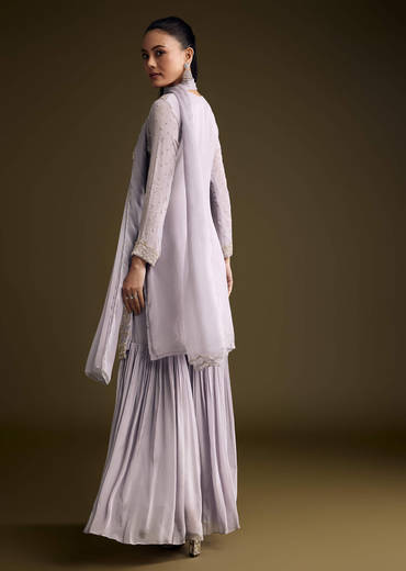 Lilac Chinon Sharara Suit With Cutdana And Sequins Embroidery