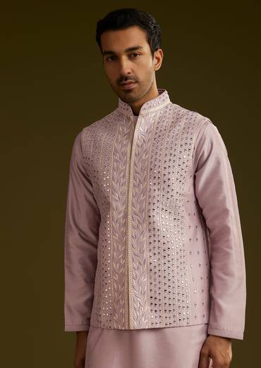 Lilac Cotton Silk Kurta Set With Mirror Threadwork Jacket