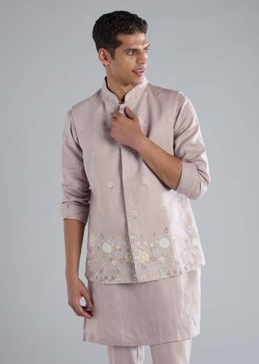 Lilac Linen Kurta Jacket Set With Thread Resham Work