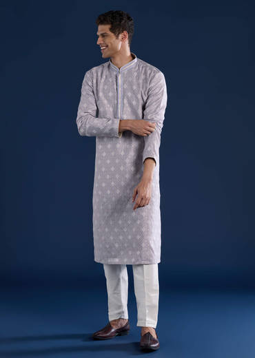 Lilac Mens Jacquard Self Work Kurta and Pant Set