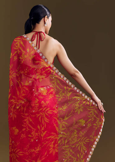 Red Organza Saree With Cutdana Beads And Botanical Print