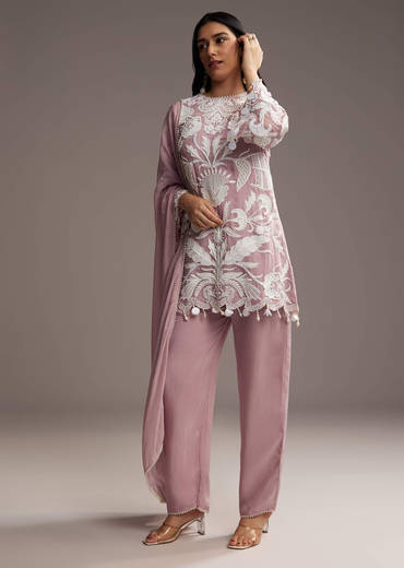 Lilac Purple Organza Kurta Set With Thread And Moti Work