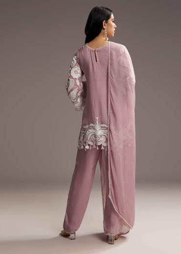 Lilac Purple Organza Kurta Set With Thread And Moti Work