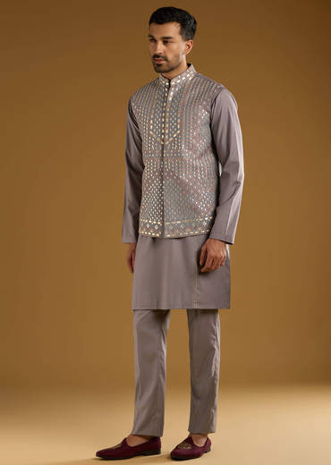Lilac Rayon Kurta Jacket Set For Men With Resham And Gota Work