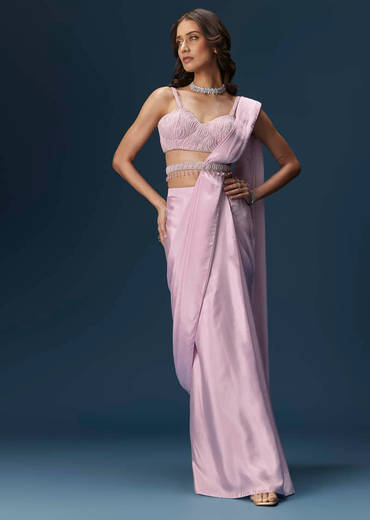 Lilac Ready Pleated Saree With Embellished Blouse And Belt