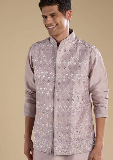 Lilac Silk Jacket Kurta Set with Mirror Embellishments