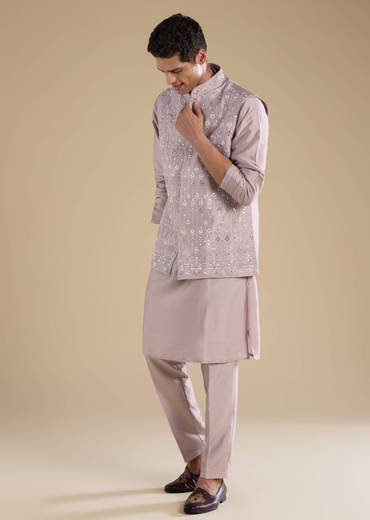 Lilac Silk Jacket Kurta Set with Mirror Embellishments