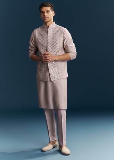 Lilac Silk Kurta Jacket Set With Thread And Mirror Work