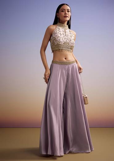 Lilac Tissue Crop Top Set With Embroidery