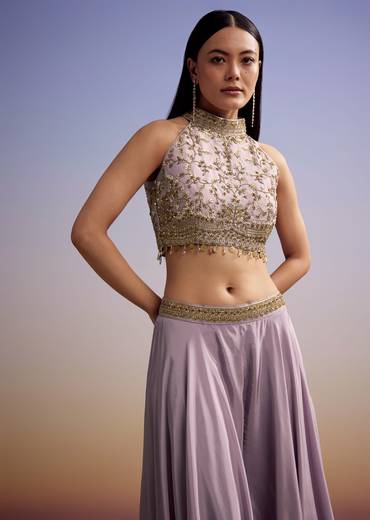 Lilac Tissue Crop Top Set With Embroidery