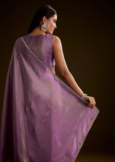 Lilac Tissue Saree With Cutdana Embroidery And Scallop Border