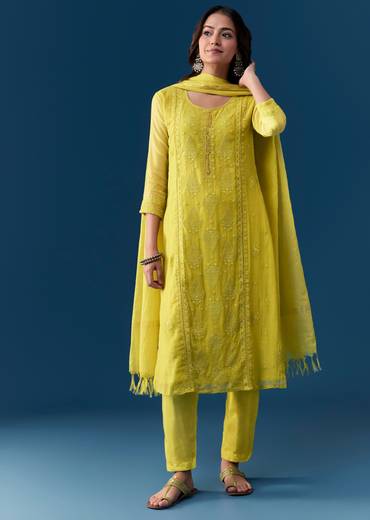 Lime Cotton Kurta Set With Thread Work