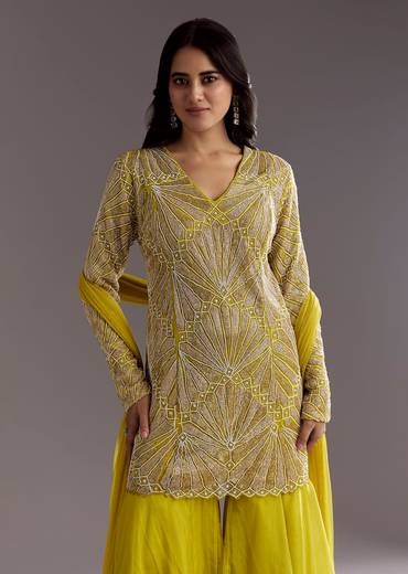 Lime Green Cutdana And Moti Work Kurta With Organza Sharara