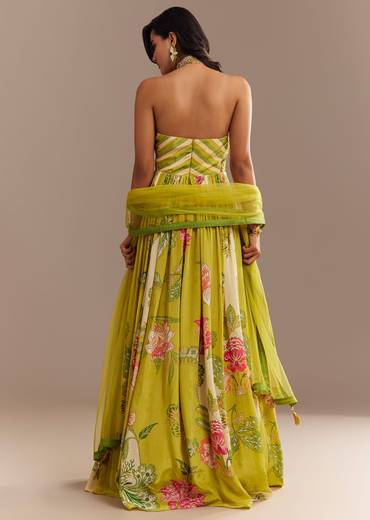 Lime Green Floral Printed Gown Set