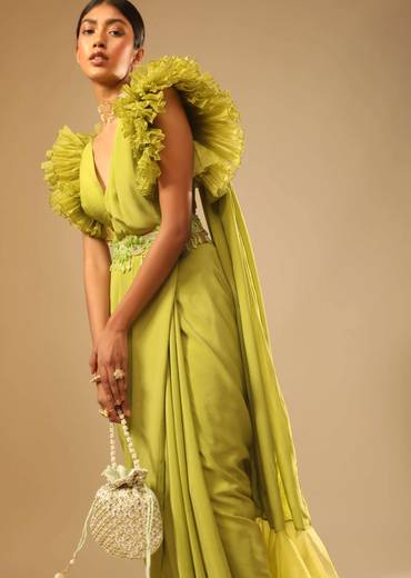 Lime Green Saree In Crepe With Elaborate Ruffle Sleeved Crop Top And Heavy Stone Embroidered Belt