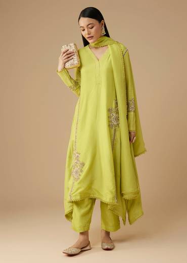 Lime Green Sequin Embellished Silk Anarkali Set