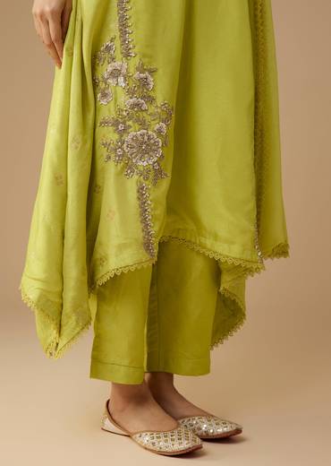 Lime Green Sequin Embellished Silk Anarkali Set