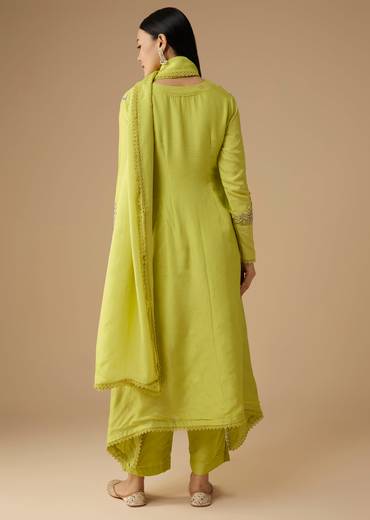 Lime Green Sequin Embellished Silk Anarkali Set
