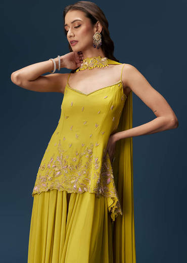 Lime Green Sharara Set With Tassel Dupatta