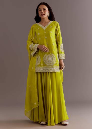 Lime Green Short Kurta Palazzo Suit With Moti Embellished Dupatta