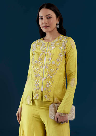 Lime Green Silk Crop Top and Pant Set with Moti Work