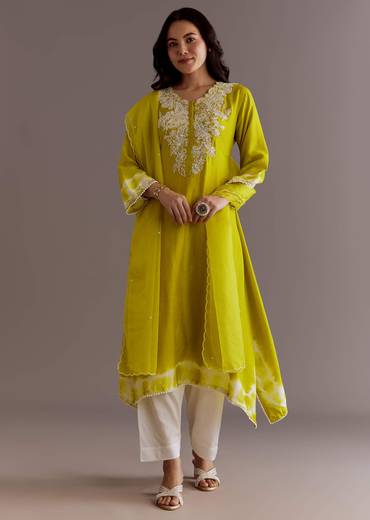Lime Green Silk Kurta Dupatta Set With Moti Work