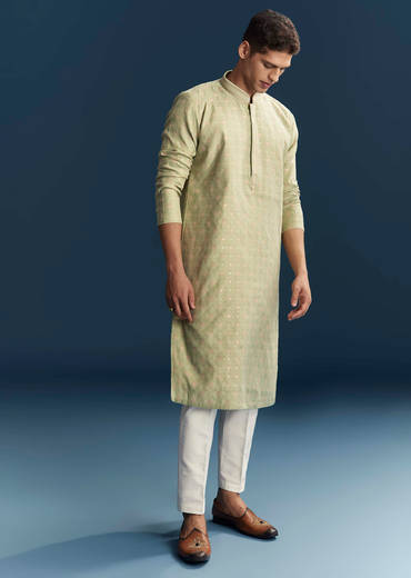 Lime Green Silk Kurta Set For Men