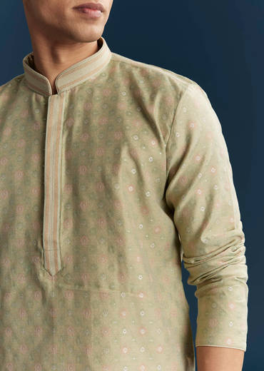 Lime Green Silk Kurta Set For Men