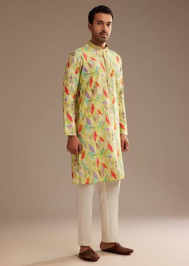 Lime Green Silk Leaf Printed Kurta Set
