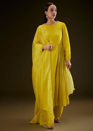 Lime Yellow Kurta With Ruching And Handwork