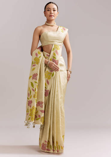 Lime Yellow Satin Saree With Digital Florals And Hand Embroidery