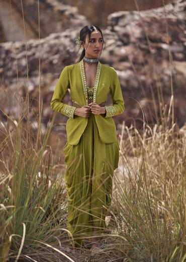 Lime Green Mirror Bustier With Jacket And Draped Skirt