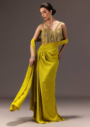 Lime Green Semi Stitched Net Saree With Embroidered Blouse