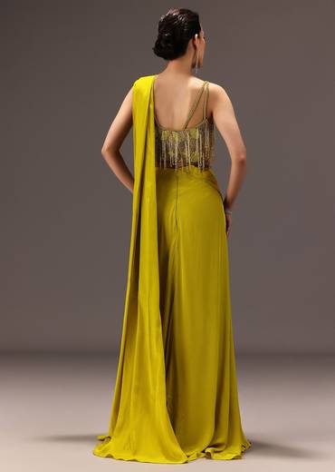 Lime Green Semi Stitched Net Saree With Embroidered Blouse