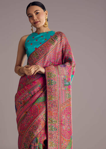 Magenta Dola Silk Saree With Traditional Prints