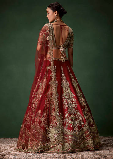 Maroon Bridal Lehenga Set In Raw Silk with Two Dupattas
