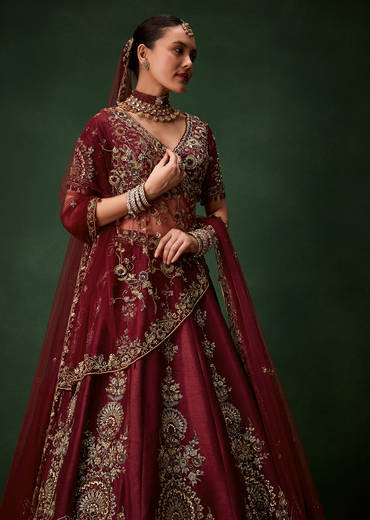 Maroon Bridal Moti Silk Lehenga Set with  Two Dupattas