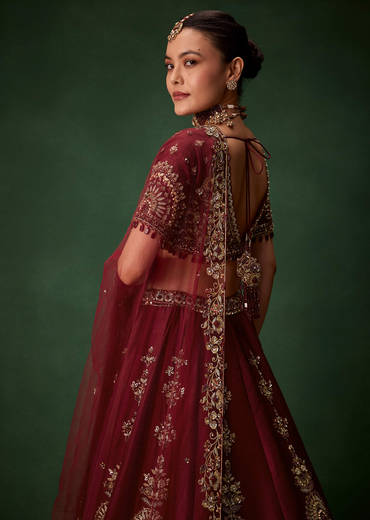Maroon Bridal Moti Silk Lehenga Set with  Two Dupattas