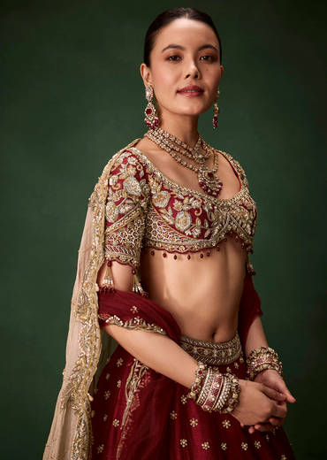 Maroon Bridal Patchwork Silk Lehenga Set with  Two Dupattas