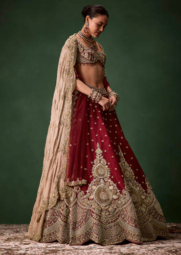 Maroon Bridal Patchwork Silk Lehenga Set with  Two Dupattas