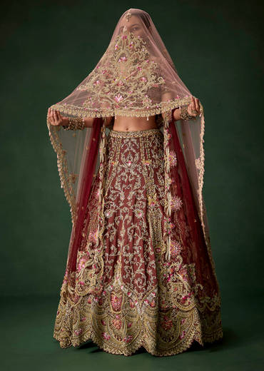 Maroon Bridal Silk Embellished Lehenga Set with  Two Dupattas